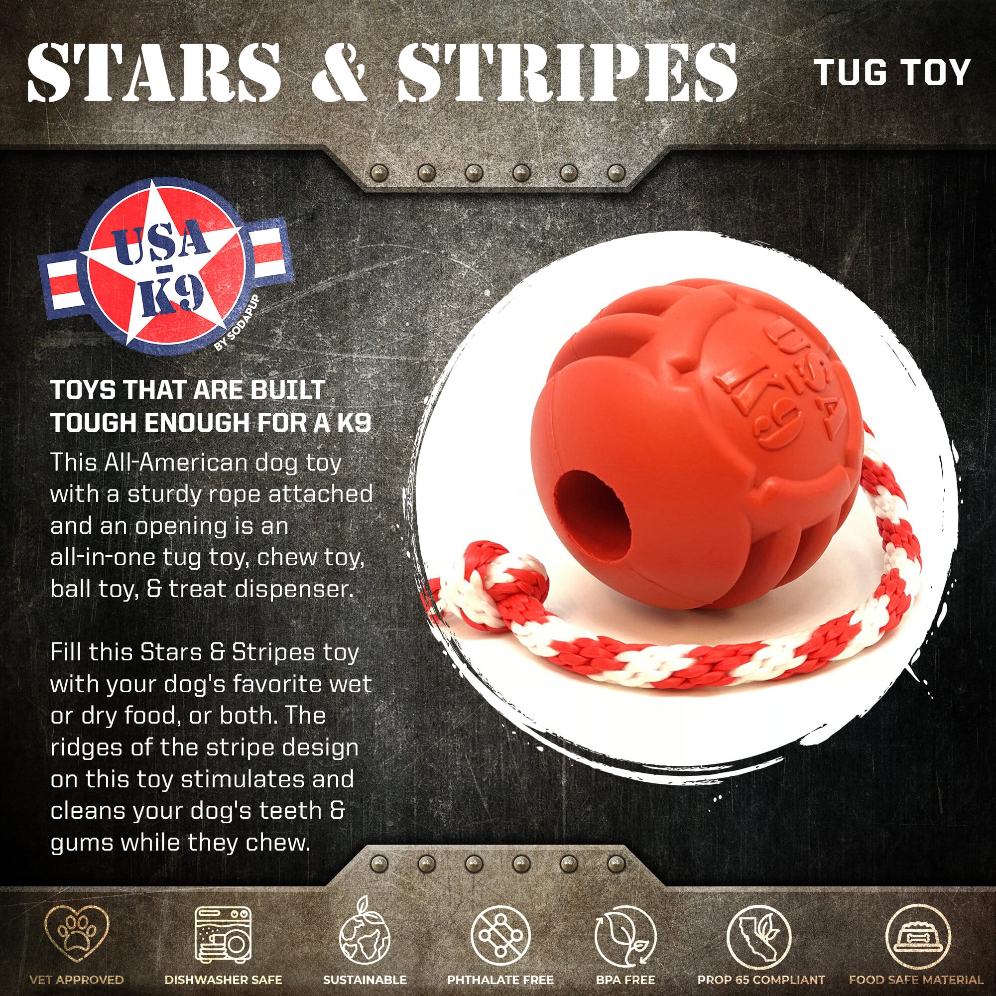USA-K9 Stars and Stripes Rubber Dog Toy | K9 Handler Reward Toy | Red | USA Made Rubber Dog Toys - Lazy Paper Club