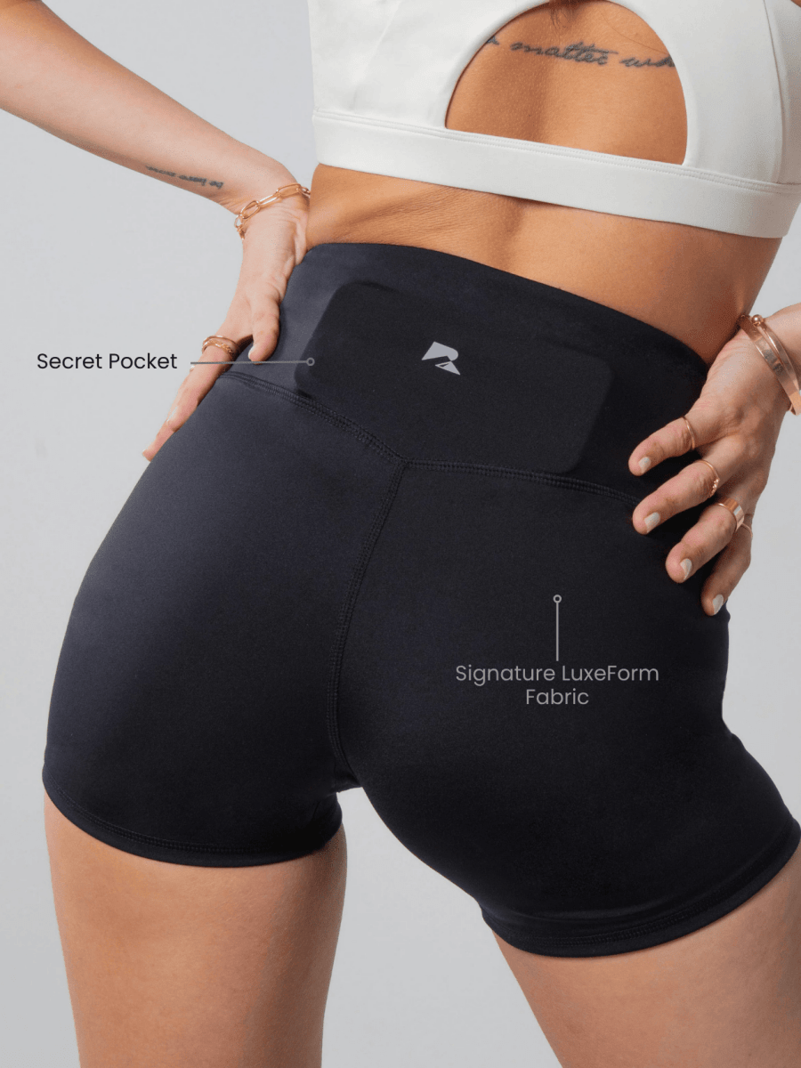 Women's Sculpting Workout Shorts 5 Inch - Black | Criss-Cross Waistband with Pocket - Lazy Paper Club