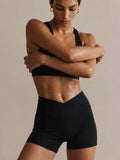 Women's Sculpting Workout Shorts 5 Inch - Black | Criss-Cross Waistband with Pocket - Lazy Paper Club